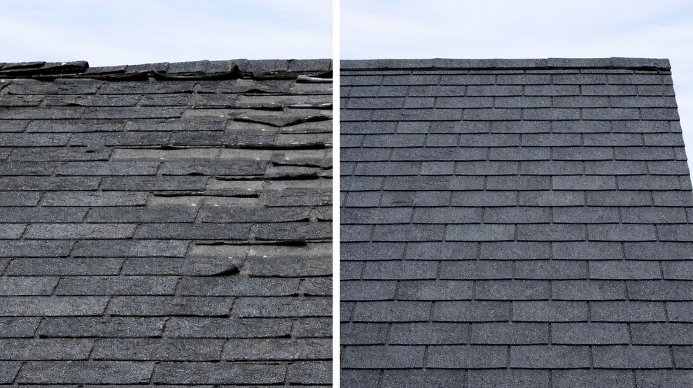 Roof with damaged shingles on the left, repaired shingles on the right.canoga park roofer