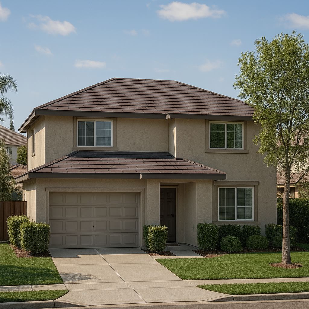 Two-story beige house with brown roof and attached garage on a sunny day.