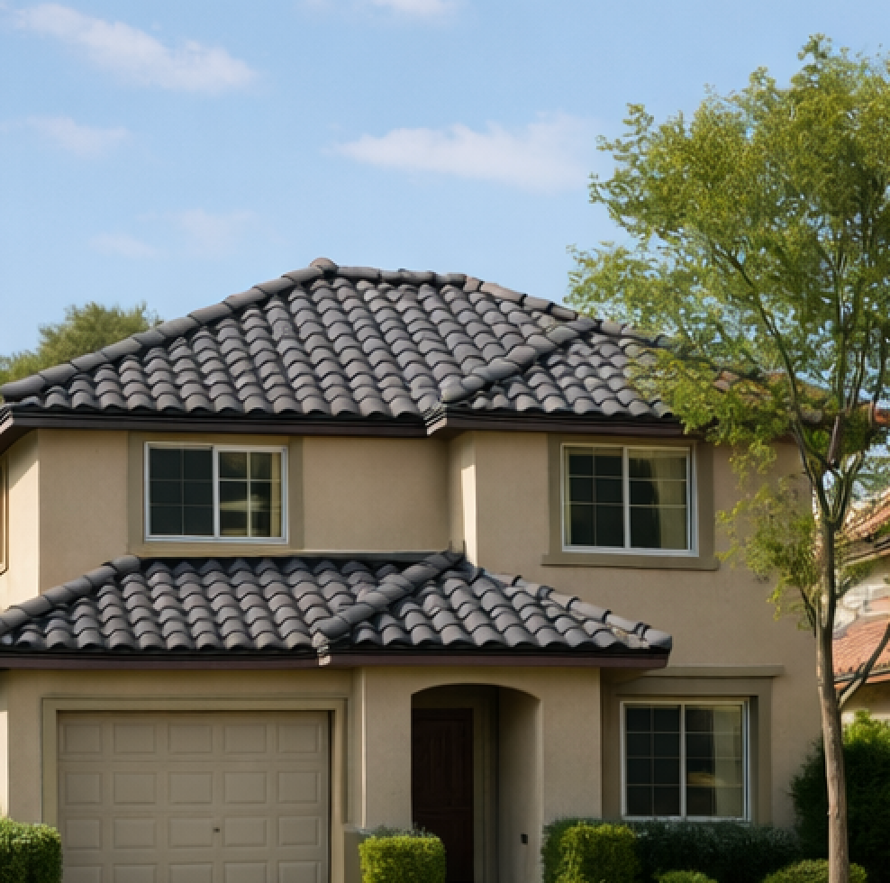 Two-story beige house with gray tile roof, garage, and front door under an arched entrance. Green trees and bushes.