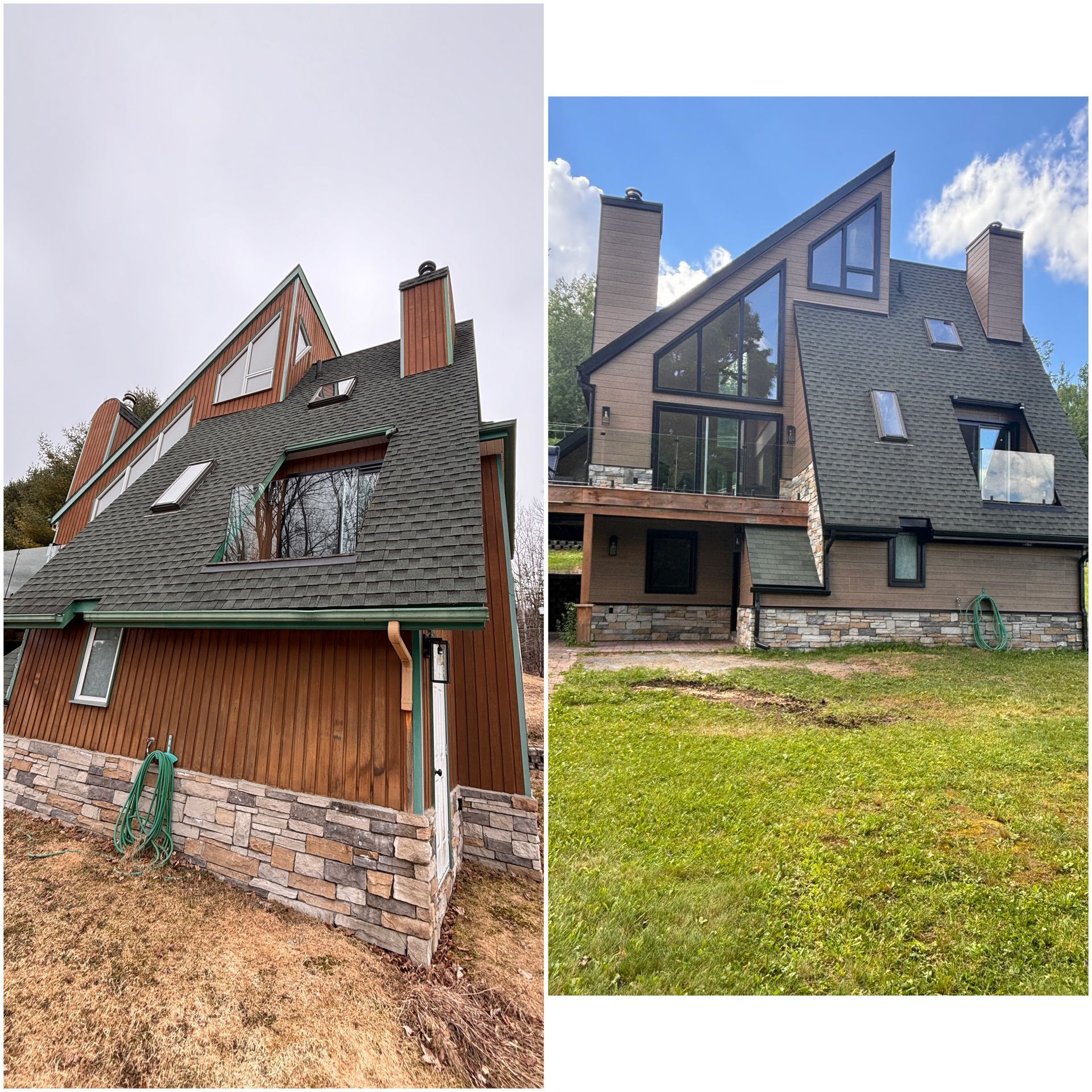 Comparaison côte à côte d'une maison moderne à ossature en A avant et après rénovations extérieures, mettant en valeur un revêtement extérieur modernisé.