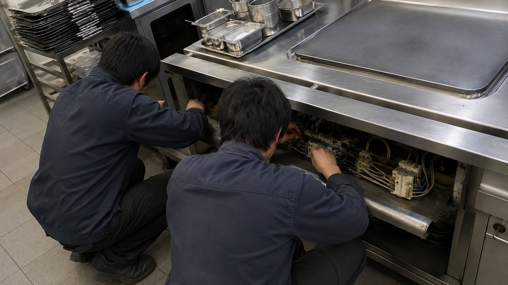 Two workers crouch beneath a stainless steel counter, repairing equipment in an industrial kitchen.