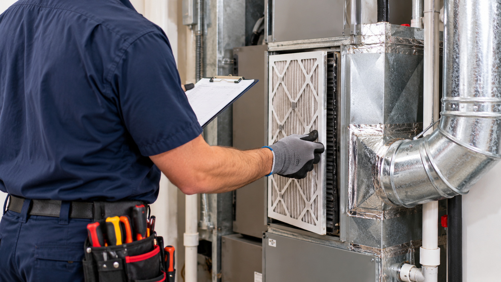 Technician holding a clipboard beside an outdoor air conditioner unit and inspecting it