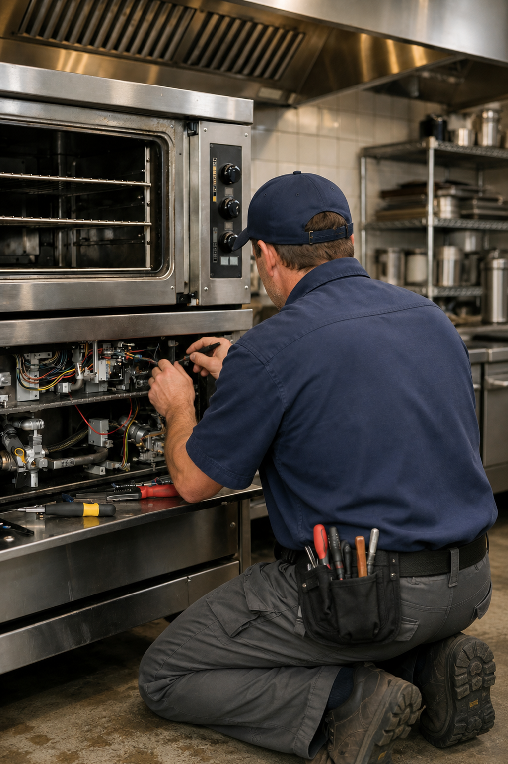 Technician kneels repairing a commercial oven in a stainless-steel kitchen