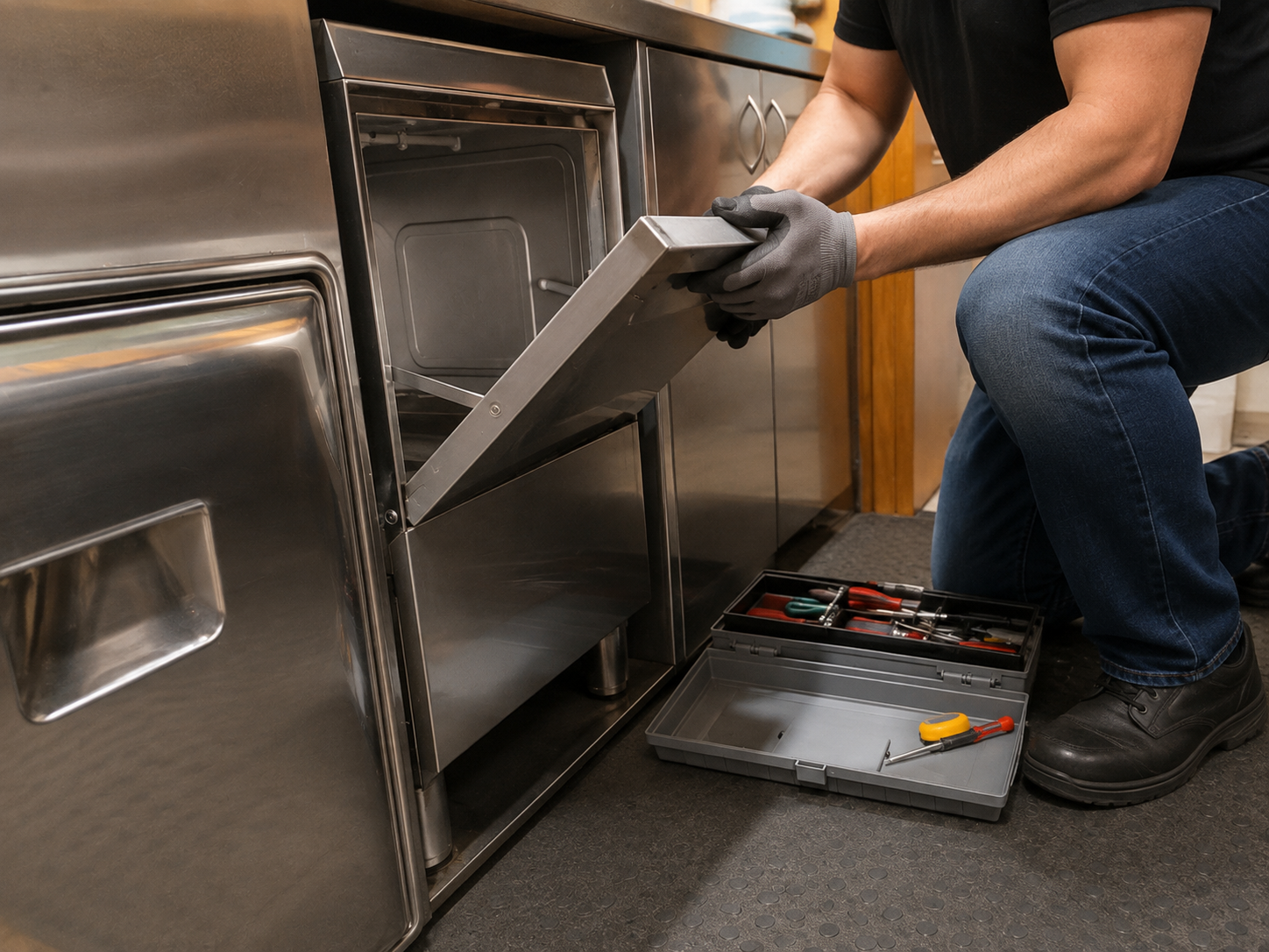 Technician using a screwdriver to repair a stainless steel appliance with an open panel.