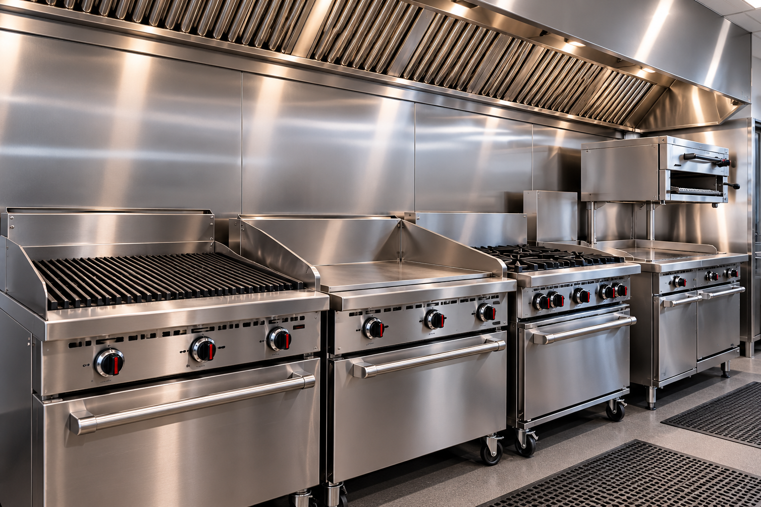 Chef tending a busy stainless-steel commercial kitchen stove with multiple pans and ovens