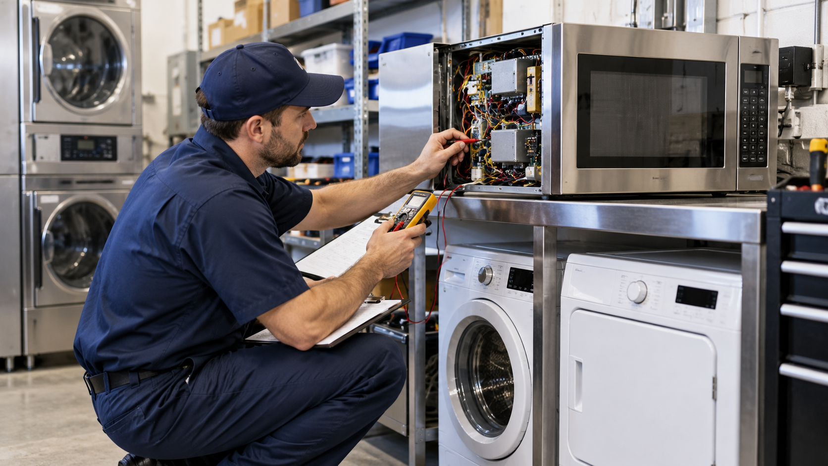 Technician in blue coveralls checks a clipboard beside industrial machinery and gauges in a factory room