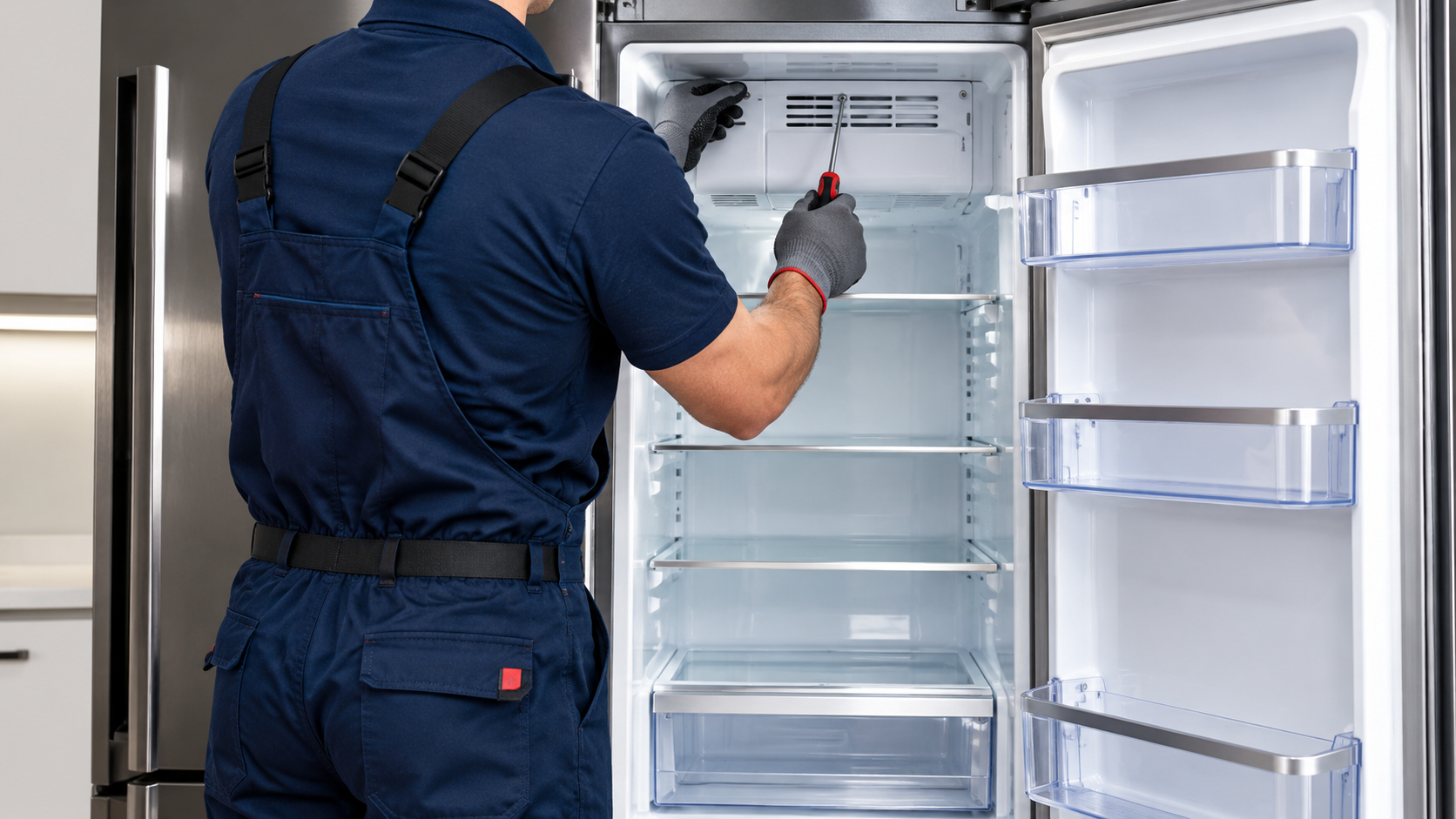 Technician in green overalls installing a refrigerator in a kitchen, door open and shelves visible