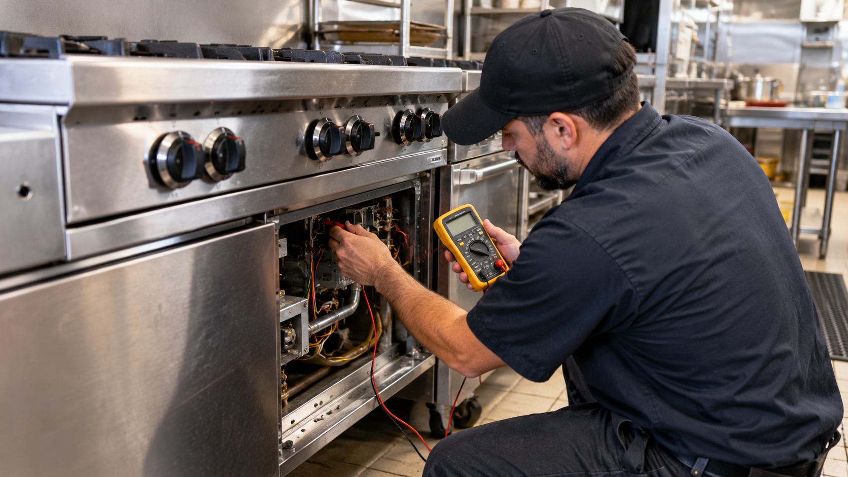 Person using a multimeter to test wiring on an open electronic device on a table
