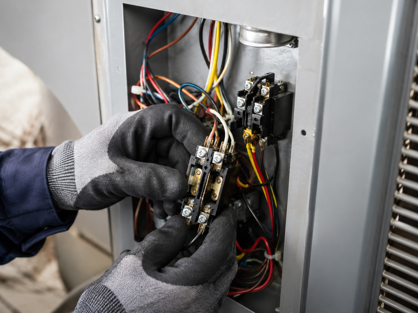 Gloved hands repairing exposed electrical wiring inside a metal control panel