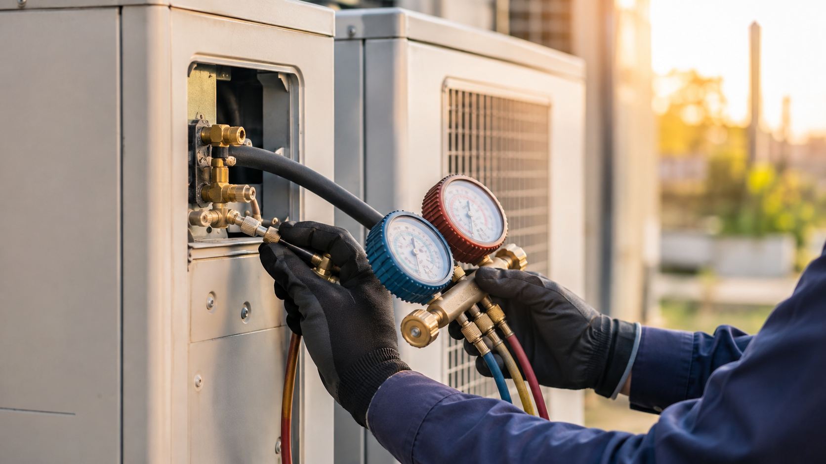 Technician using manifold gauges to service an outdoor HVAC unit at sunset