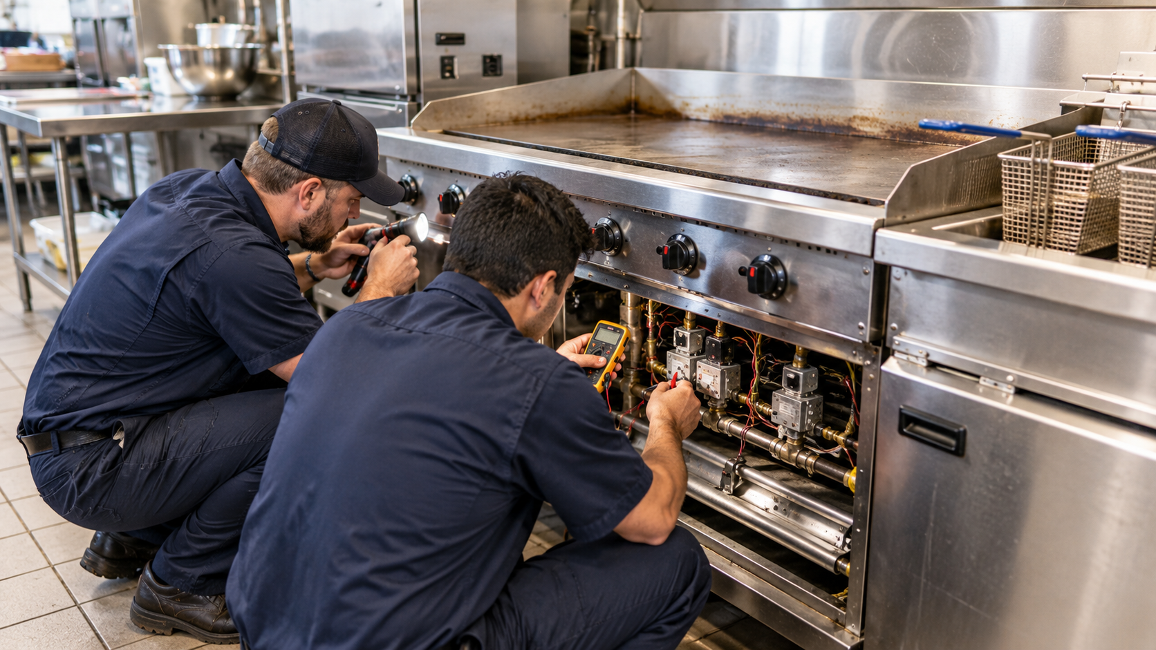 Two workers crouch beneath a stainless steel counter, repairing equipment in an industrial kitchen.