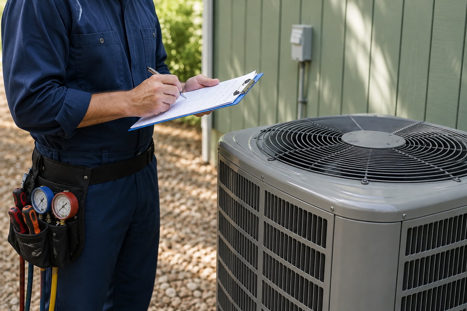 Technician holding a clipboard beside an outdoor air conditioner unit and inspecting it