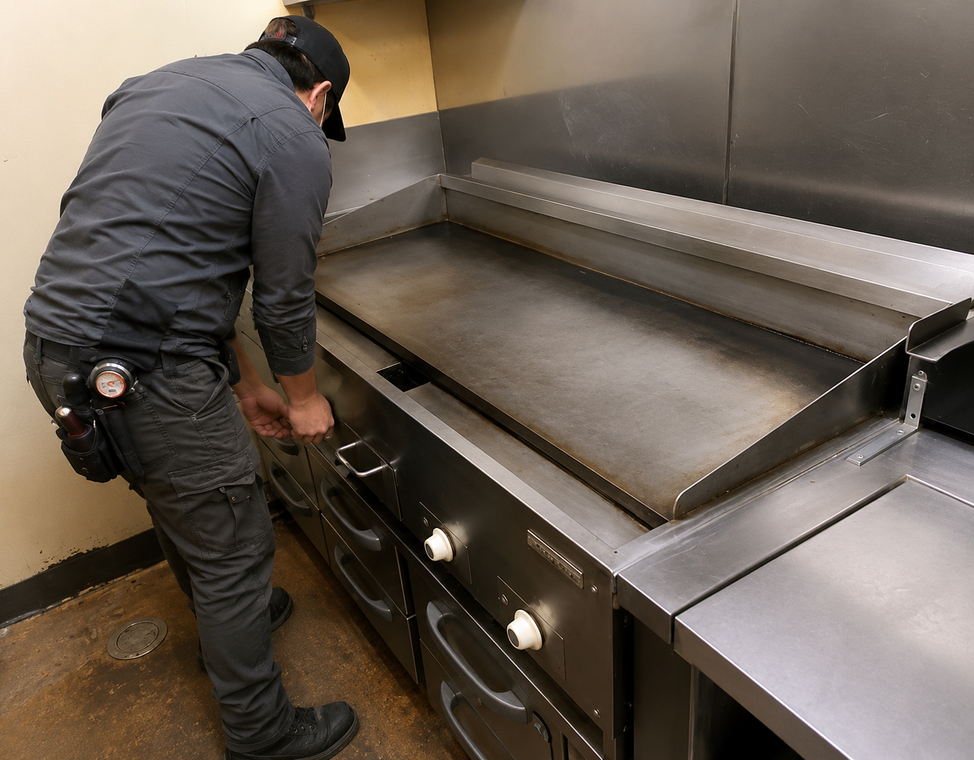 Person cleaning a large stainless-steel kitchen range in a commercial kitchen