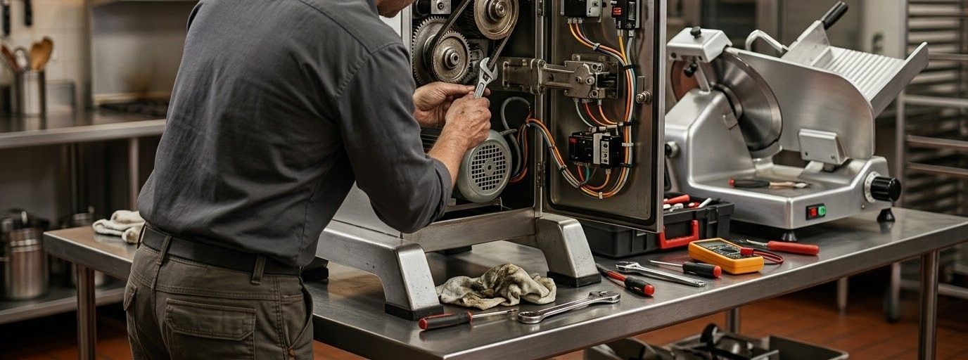Person working on an open electronic machine in a workshop, with tools and parts on a workbench.