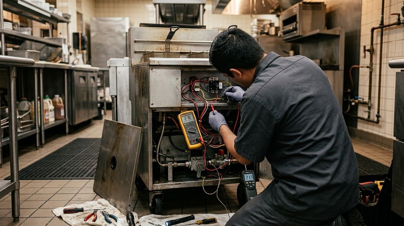 Technician repairing an industrial machine in a commercial kitchen, with tools and shelves in the background