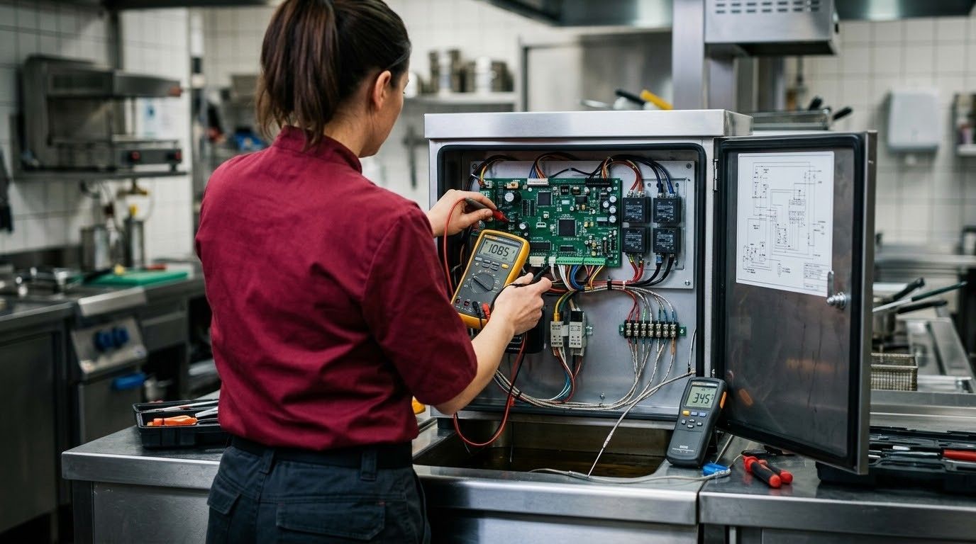 Technician in red shirt testing electronics inside an open workstation in a lab