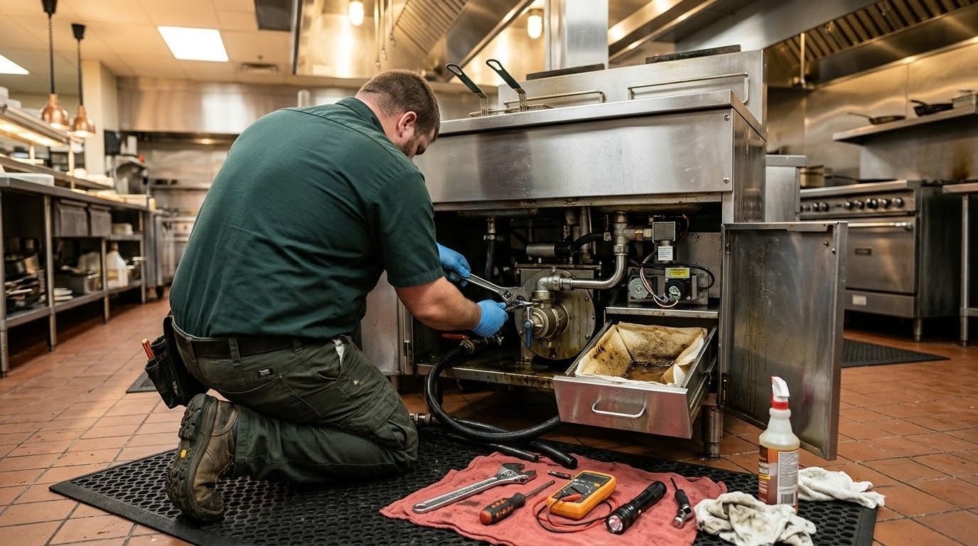 Technician kneels repairing a commercial kitchen oven with tools spread on the floor.