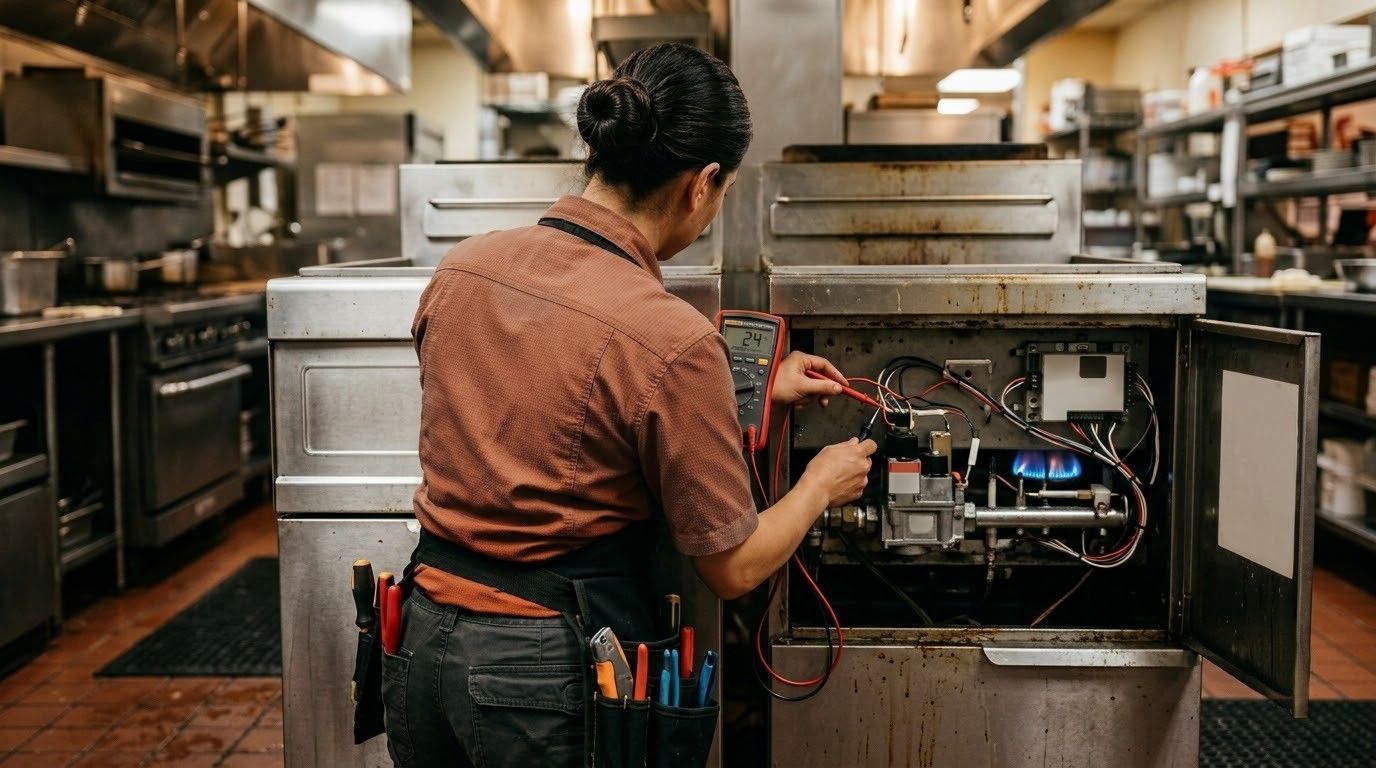 Technician inspecting open commercial kitchen dishwasher with exposed wiring and tools nearby