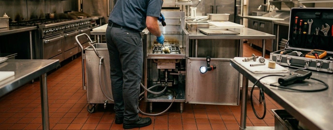 Person working at a stainless-steel stove in a commercial kitchen with orange tile floor