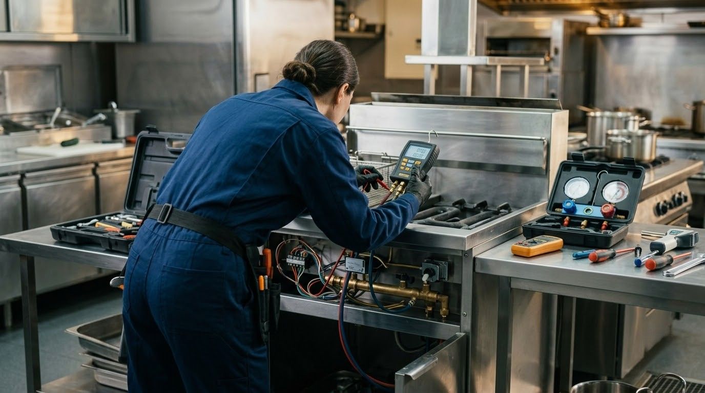 Technician repairing a stainless-steel machine in a commercial kitchen workspace