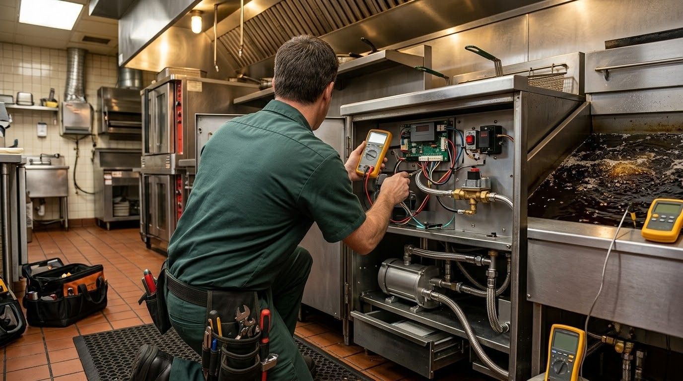Technician inspecting an open commercial kitchen appliance with a tablet in a stainless steel kitchen