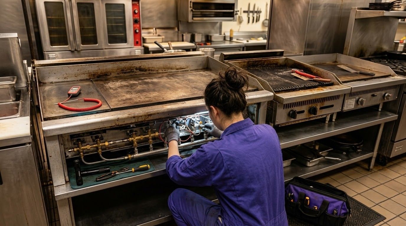 Person kneeling by a stainless-steel kitchen oven, inspecting burners in a commercial kitchen