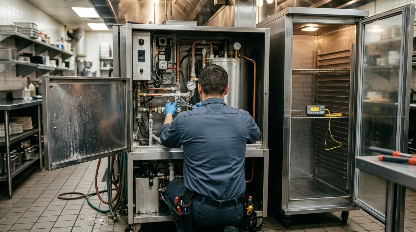 Technician kneels before an open industrial machine in a stainless-steel kitchen or lab workspace.