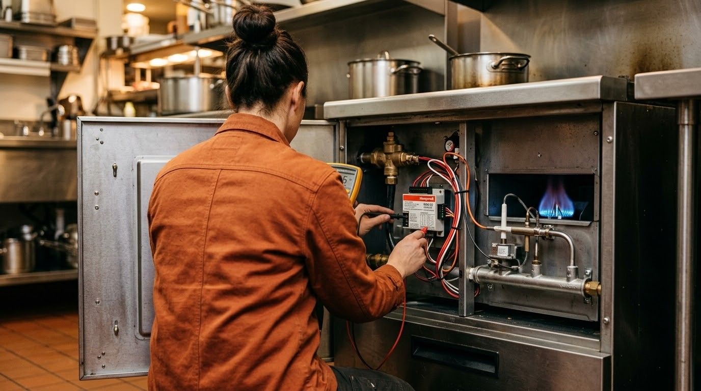 Person adjusting controls on a commercial kitchen oven beside a visible blue flame