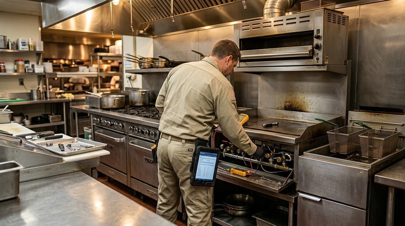 Chef tending a busy stainless-steel commercial kitchen stove with multiple pans and ovens