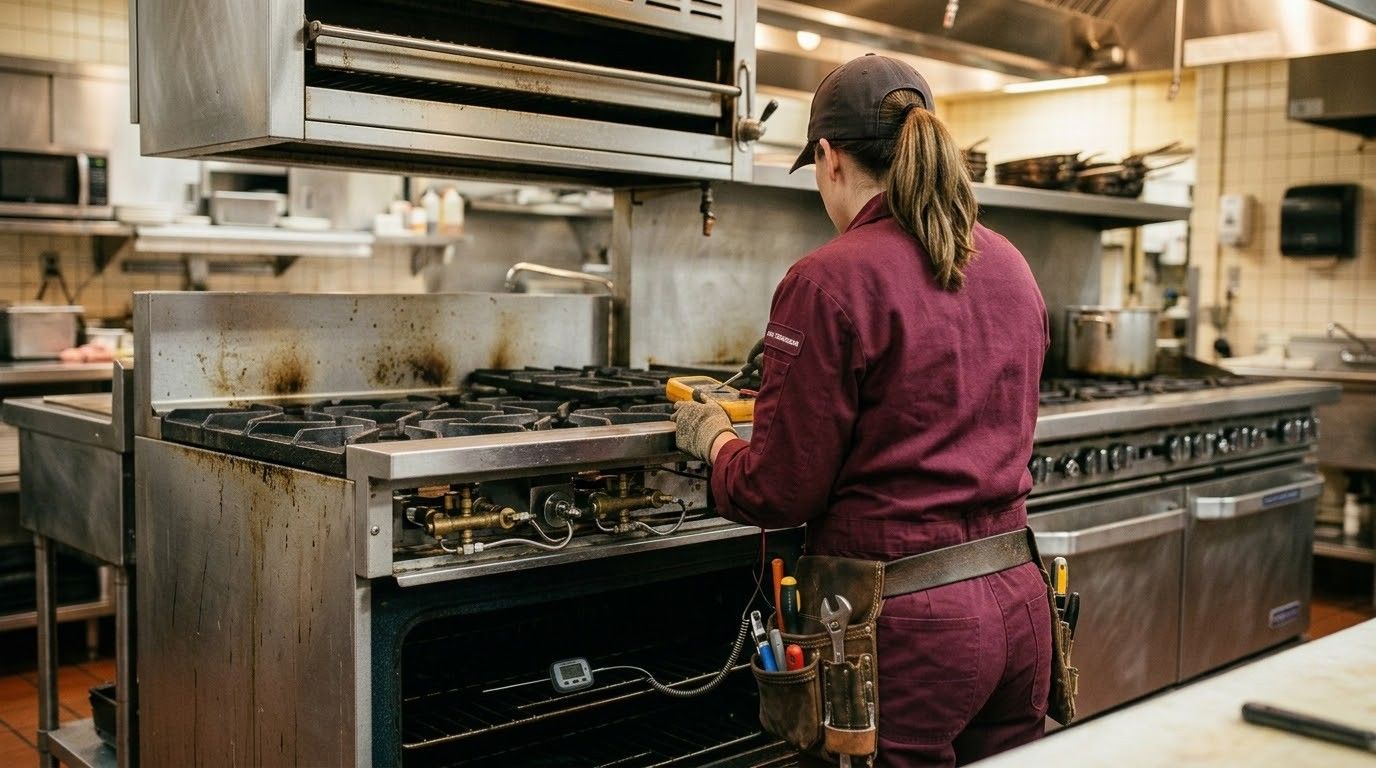 Chef in maroon uniform cooking at a large commercial kitchen stove.