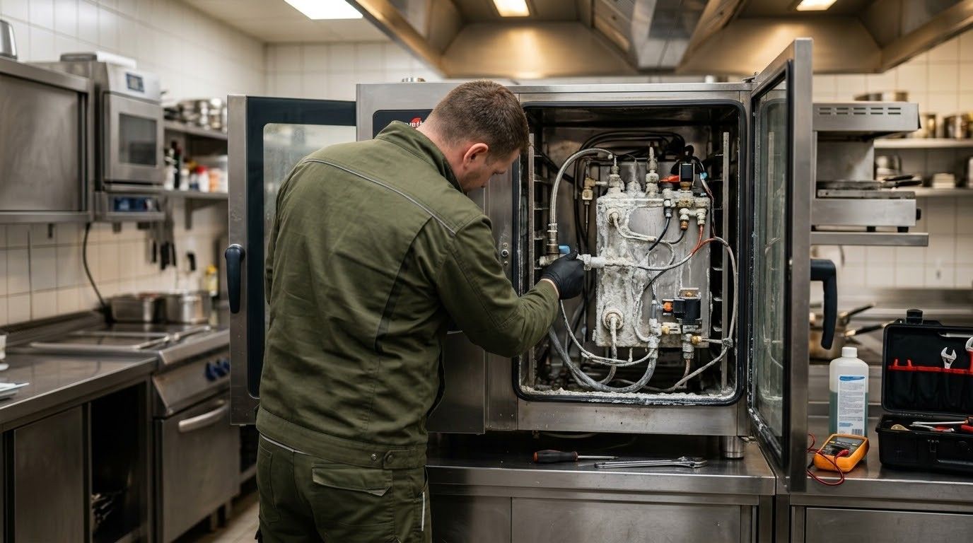 Technician inspecting the open interior of a stainless steel machine in an industrial kitchen