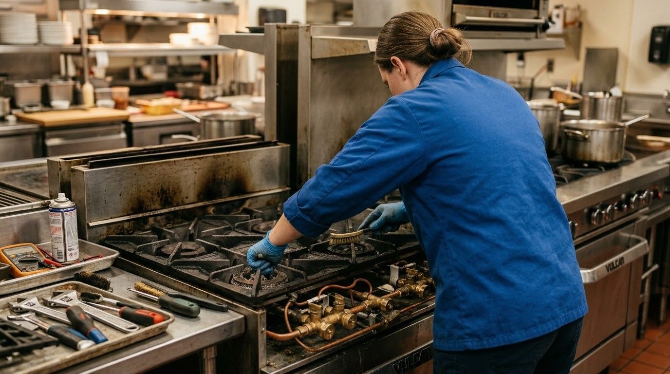 Chef in blue jacket cleaning a commercial kitchen stove and cookware.