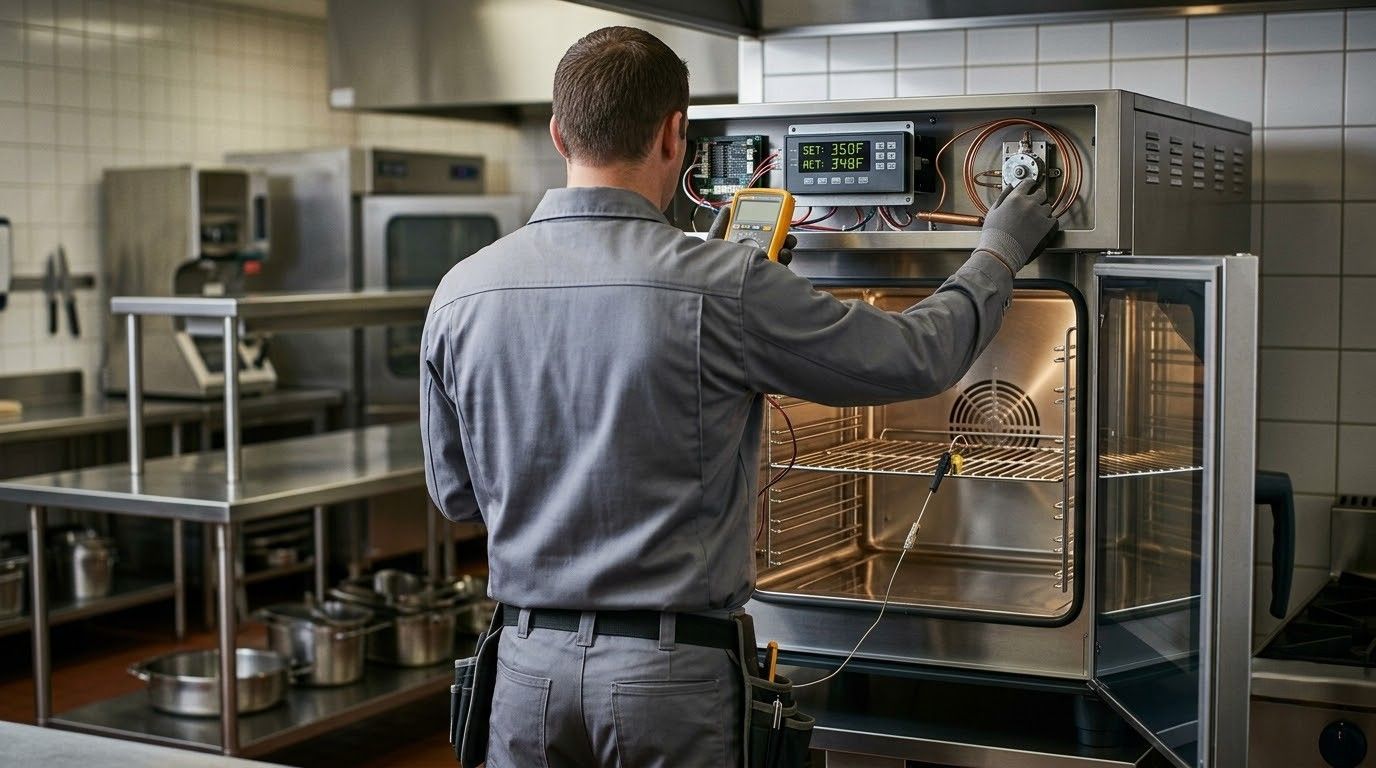 Worker adjusting controls on a commercial oven in a stainless-steel kitchen