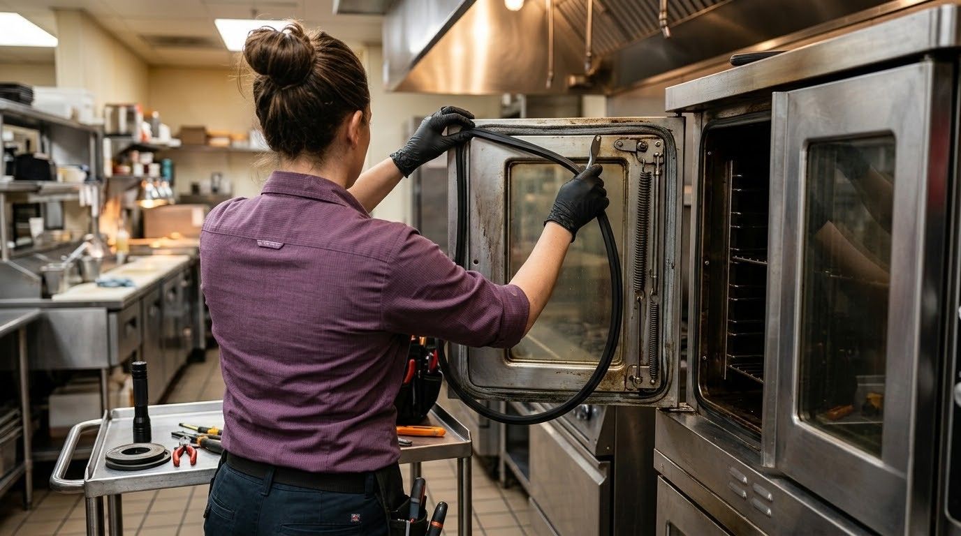Worker in a purple shirt cleaning a large industrial oven in a stainless-steel kitchen