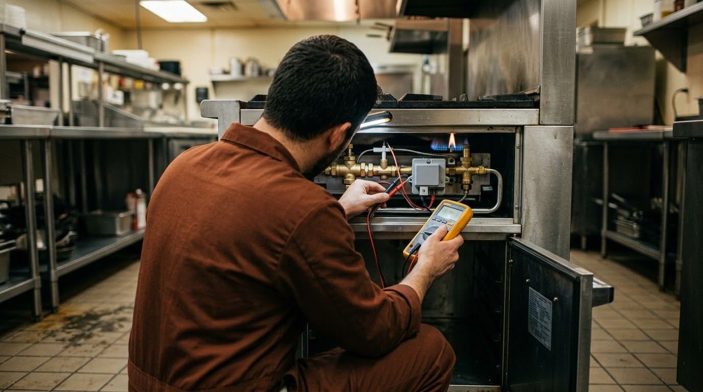 Chef in a kitchen checking a tablet beside an open oven with a tray inside