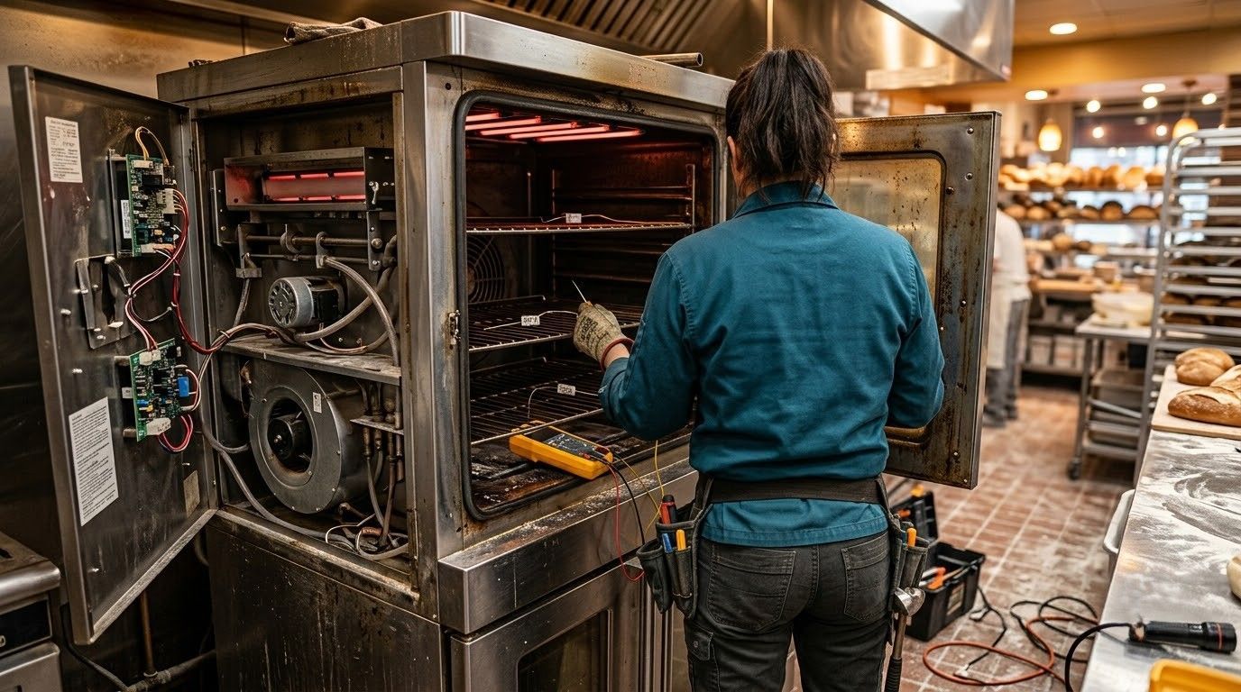 Technician working on open server racks in a data center