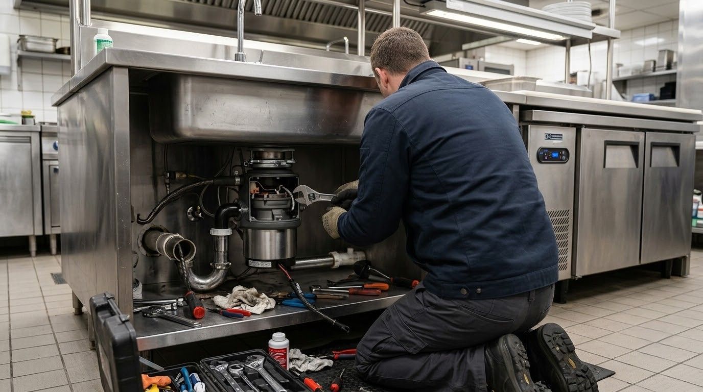 Technician kneeling and repairing stainless steel kitchen equipment in a commercial kitchen