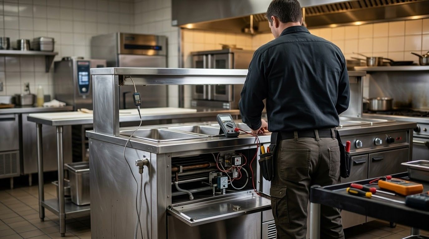 Chef in a commercial kitchen adjusting stainless steel equipment beside a stove and prep counter