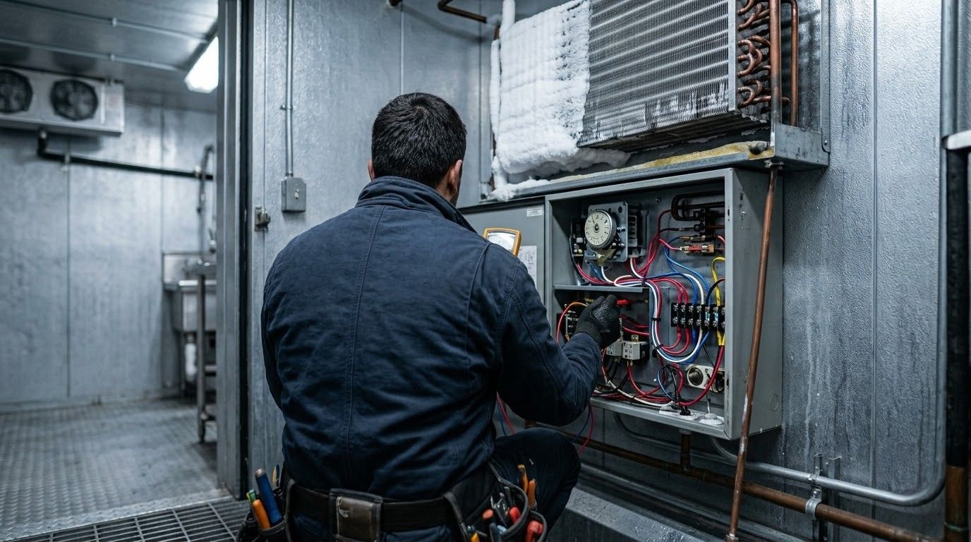 Technician inspecting wiring inside an industrial electrical control panel in a metal equipment room