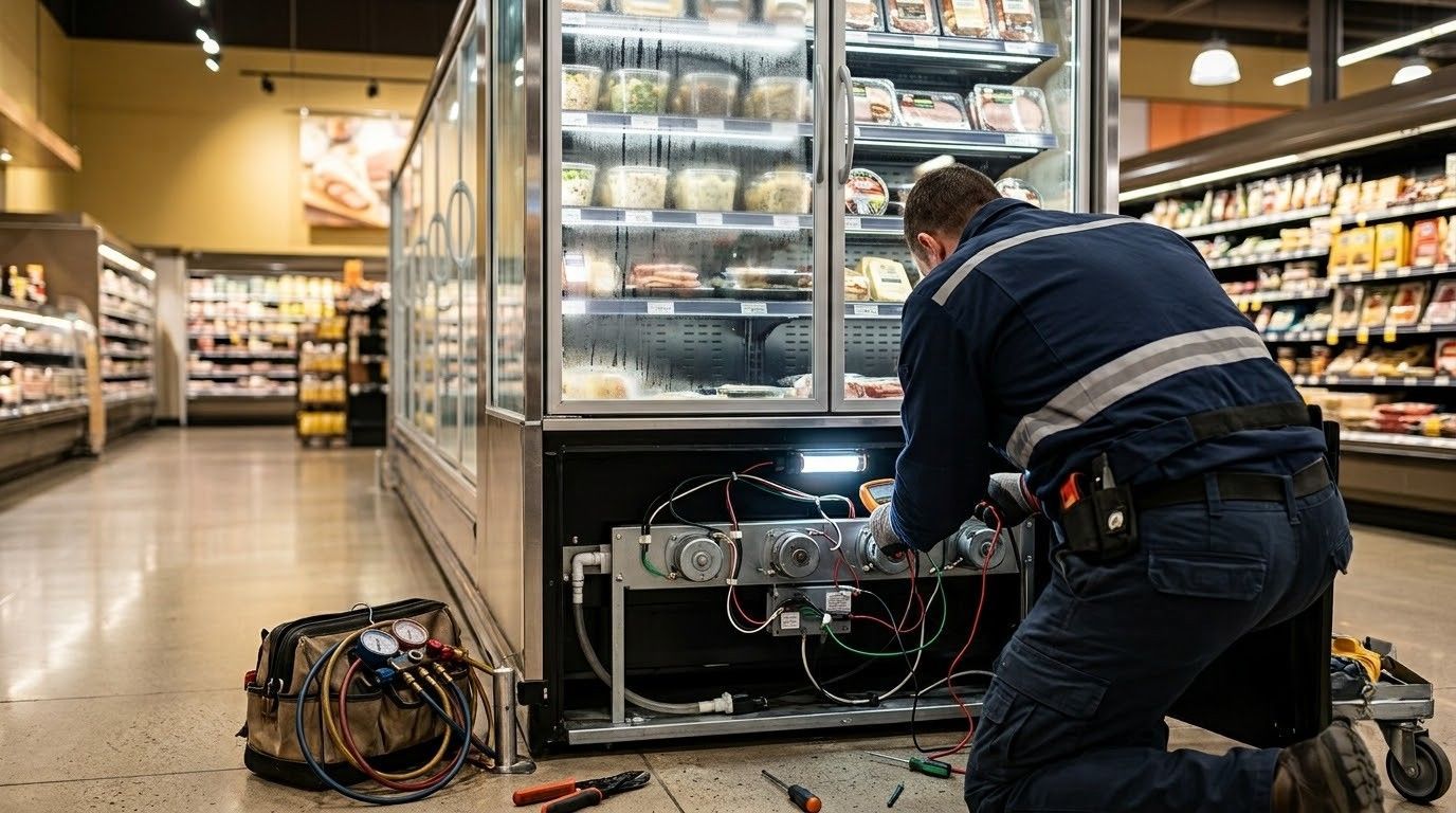 Technician kneeling beside an open refrigerated display, repairing wiring in a grocery store aisle.