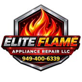 Elite Flame Appliance Repair LLC logo with red flame and phone number 949-400-6339