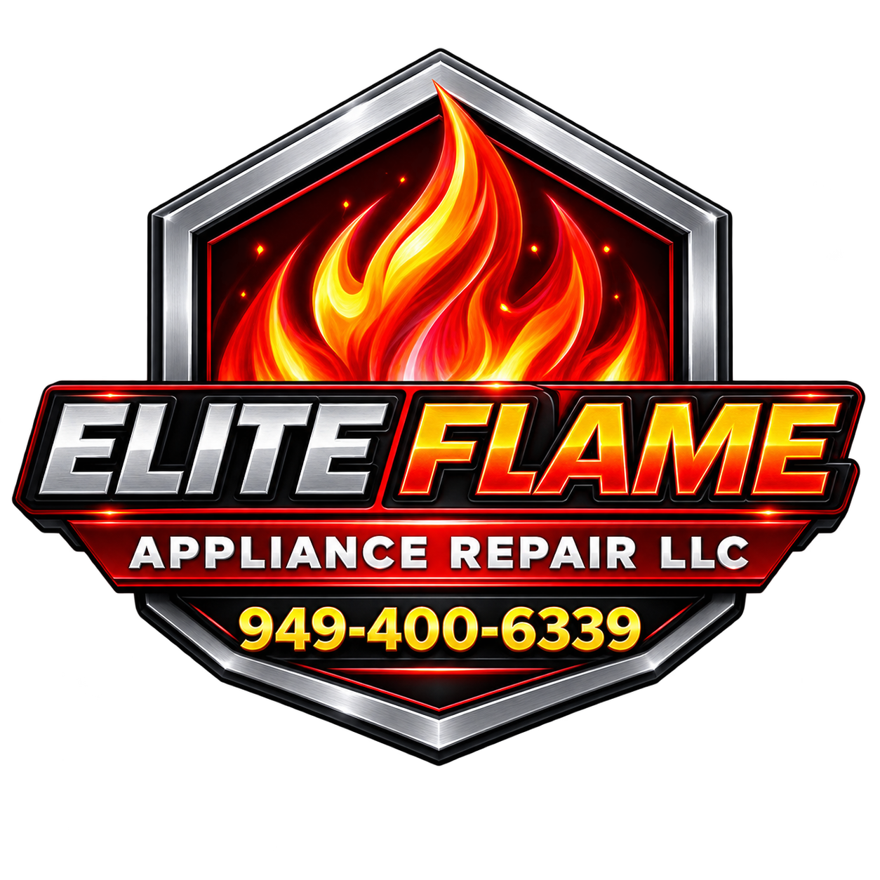 Elite Flame Appliance Repair LLC logo with red flame and phone number 949-400-6339