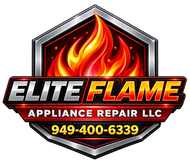 Elite Flame Appliance Repair LLC logo with red flames and phone number 949-400-6339