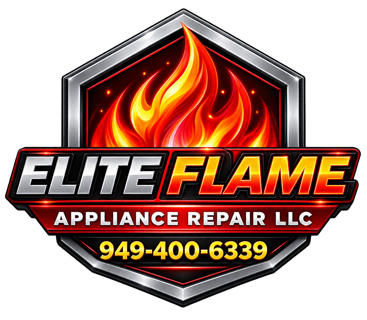 Elite Flame Appliance Repair LLC logo with red flames and phone number 949-400-6339