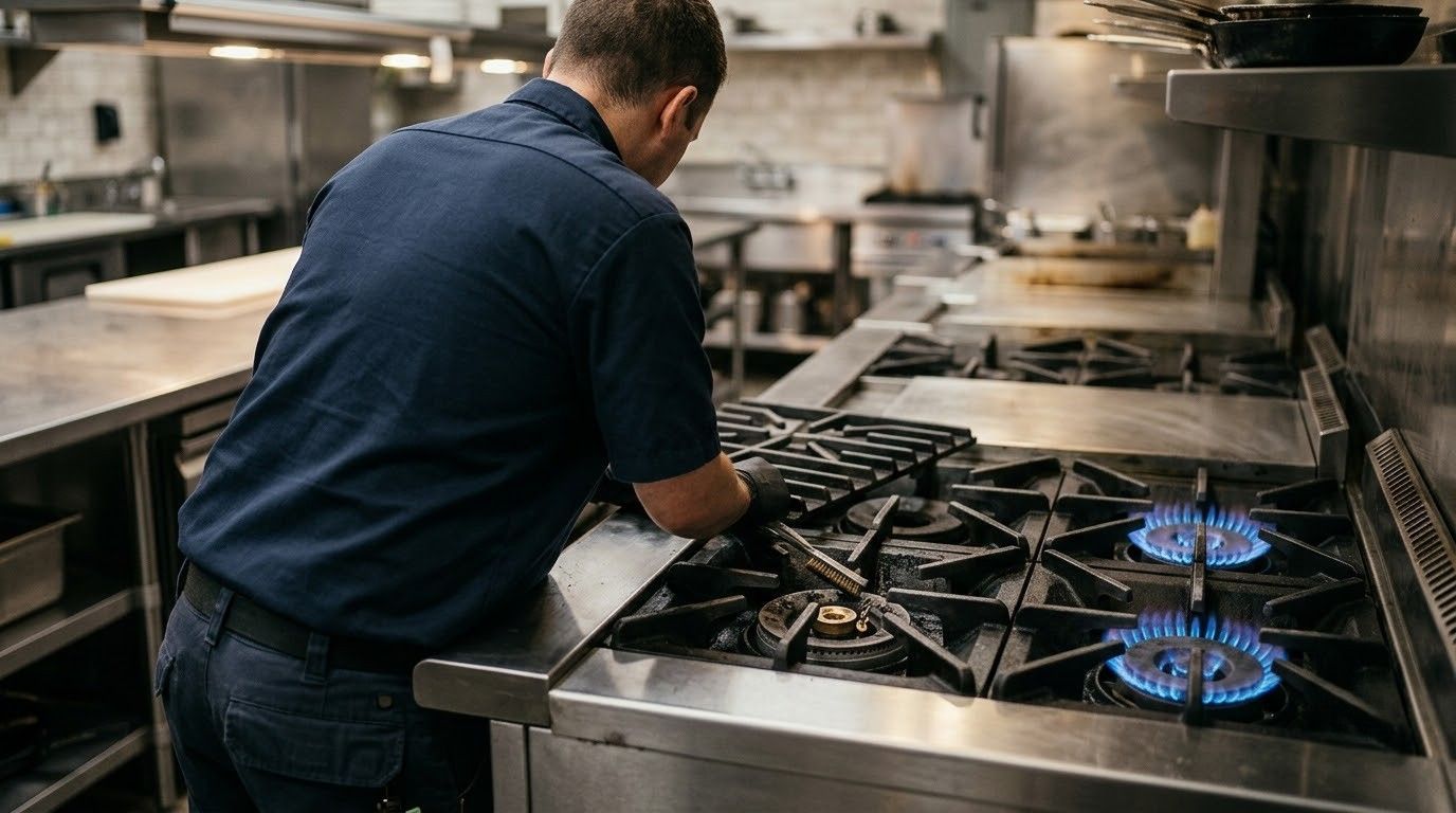 Chef leaning over a stainless-steel stove in a commercial kitchen, cooking on blue gas burners