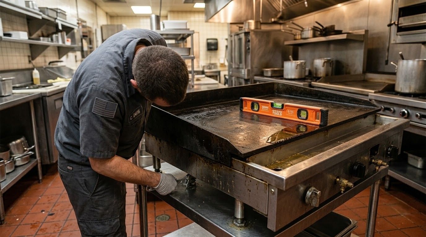 Worker leveling a large metal surface in a workshop with a spirit level.