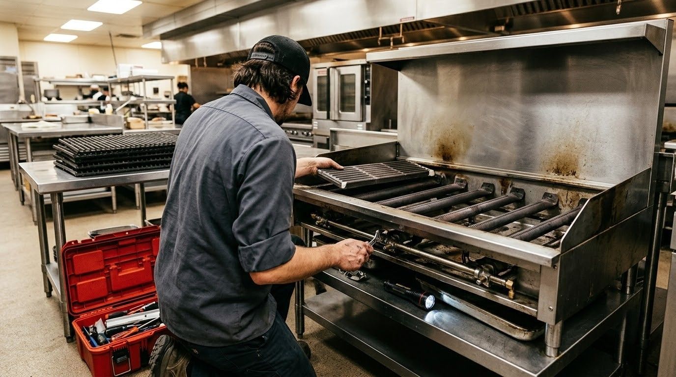 Worker tending a stainless steel food-processing machine in an industrial kitchen