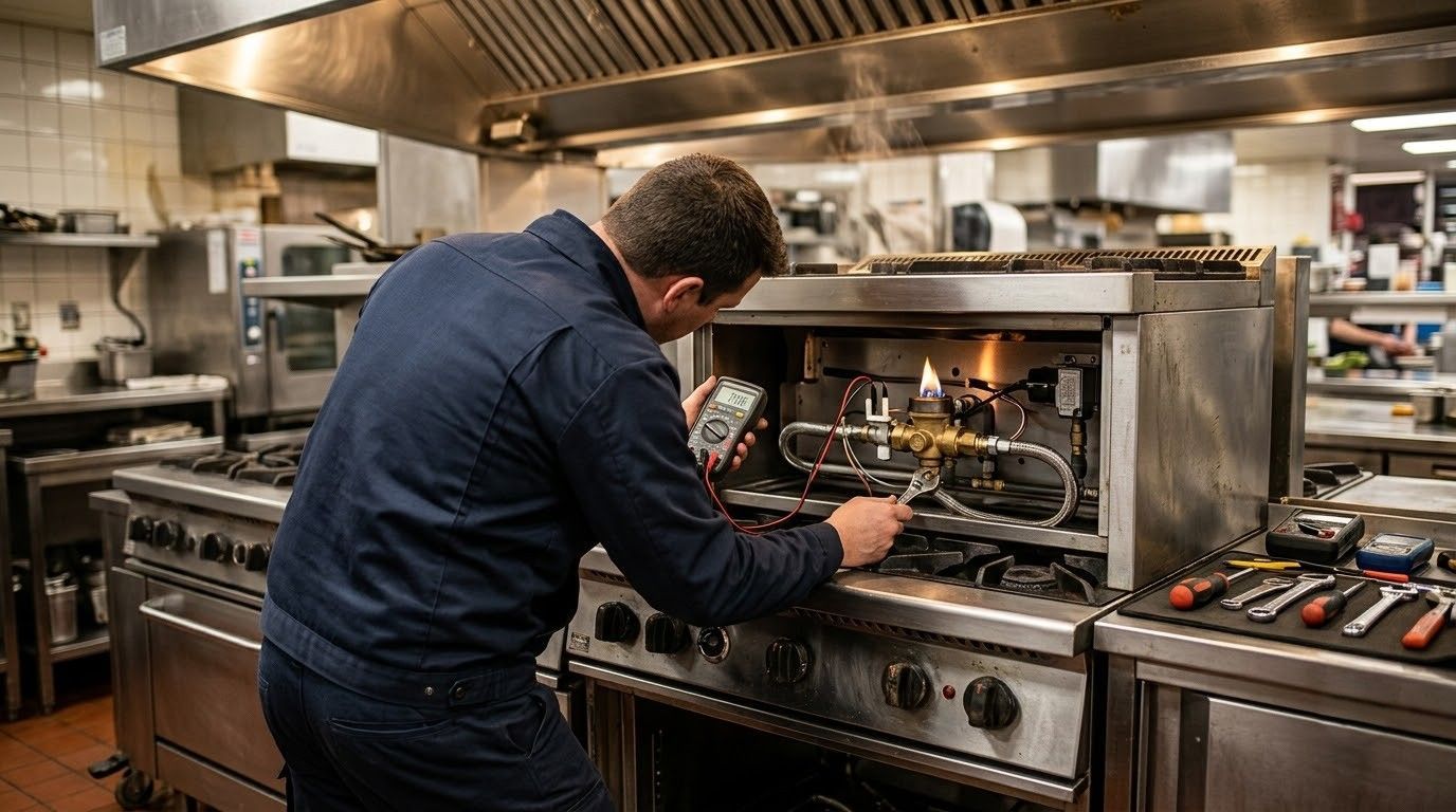 Chef adjusting equipment inside a commercial kitchen oven