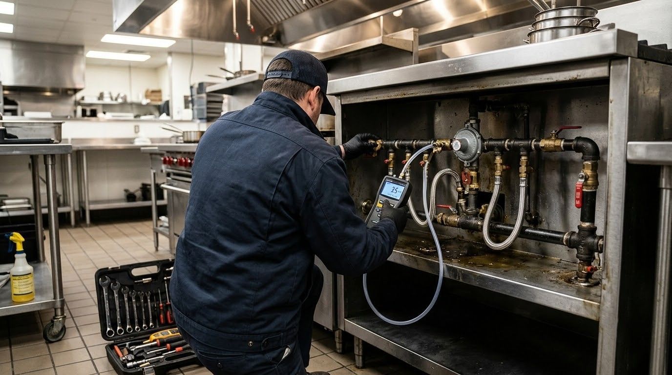 Technician inspecting a commercial kitchen machine with hoses in a stainless-steel kitchen