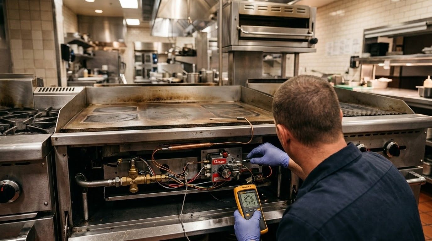 Technician repairs a commercial kitchen grill while holding a diagnostic device.